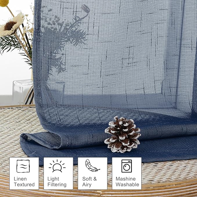 Aiyufeng Linen Textured Blue Sheer Curtains 72 inches Long 2 Panels, Sheer Navy Blue Curtains Breathable Elegant Drapes for Living Room Kitchen, 40Wx72L inch