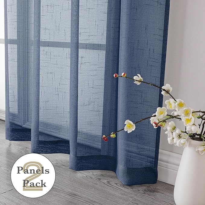 Aiyufeng Linen Textured Blue Sheer Curtains 72 inches Long 2 Panels, Sheer Navy Blue Curtains Breathable Elegant Drapes for Living Room Kitchen, 40Wx72L inch
