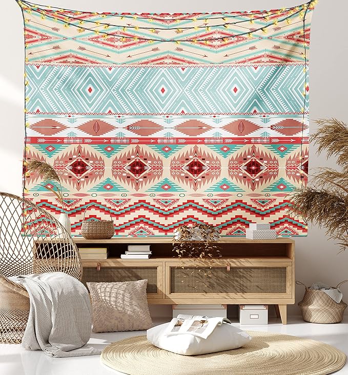 Lunarable Aztec Tapestry Queen Size, Culture Inspirations Ornamental Indigenous Chevron, Wall Hanging Bedspread Bed Cover Wall Decor, Queen Size, Turquoise Beige