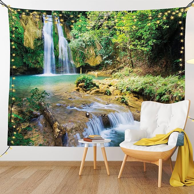 Lunarable Nature Tapestry King Size, Green Forest Waterfall and River Pool Pond Water Source Earth Landscape, Wall Hanging Bedspread Bed Cover Wall Decor, 30" X 45", Pale Brown and Green