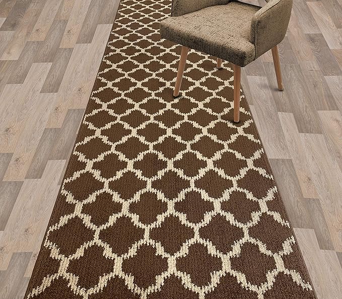 Custom Size Cut to Length Moroccan Trellis Design Runner Rug Mat For Wide Long Hallways with Non-Slip Rubber Backing, Better Traction for Pets, Prevent Slippage, Trellis Brown, 31 inch X 17 feet