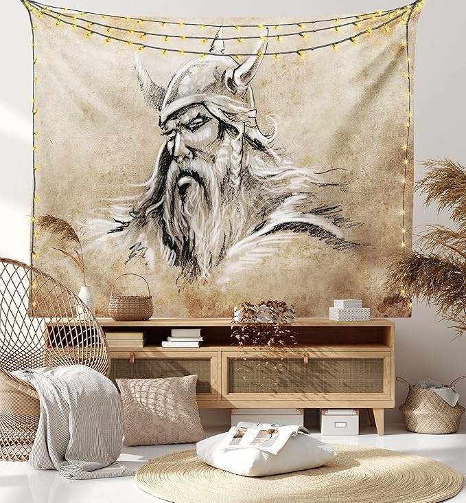 Lunarable Viking Tapestry, Sketch Style Scandinavian Warrior with Beard and Hat Masculine Portrait Tattoo, Wide Wall Hanging for Bedroom Living Room Dorm, 80" X 60", Beige Tan