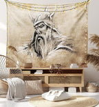 Lunarable Viking Tapestry, Sketch Style Scandinavian Warrior with Beard and Hat Masculine Portrait Tattoo, Wide Wall Hanging for Bedroom Living Room Dorm, 60" X 40", Beige Tan