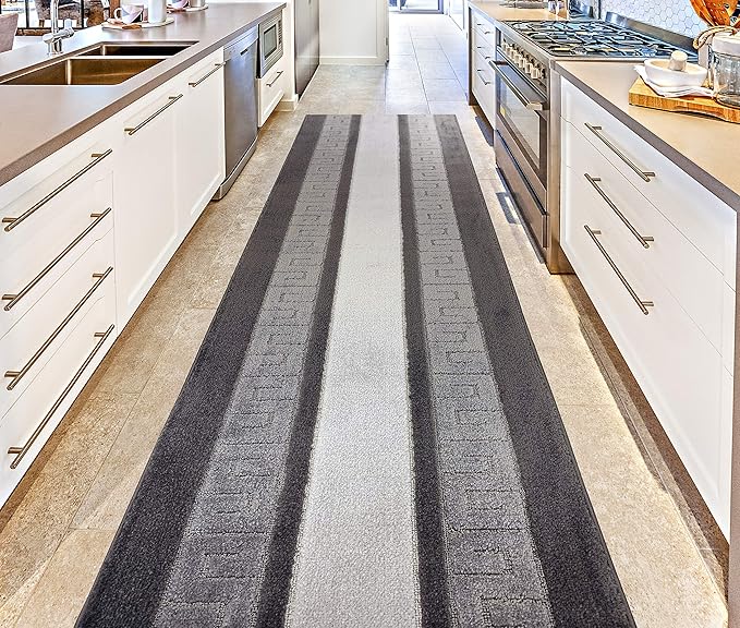 Custom Length Cut to Size Ancient Latin Hellenic Motif Carpet Runner Rug for Hallways, Non Slip Rubber Backed, 31 inch Wide X Customized Length, Greek Key Grey, 31 inch X 24 feet