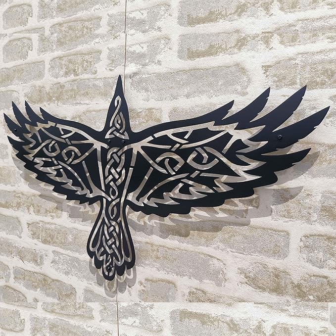 KAWA METALWORKS Nordic Viking Wall Art Decor, Norse Raven Metal Sculpture, Odin's Wall Decor, Mythology Art (Black, Small - 10.2" x 18" (H x W))