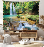 Lunarable Nature Tapestry King Size, Green Forest Waterfall and River Pool Pond Water Source Earth Landscape, Wall Hanging Bedspread Bed Cover Wall Decor, 30" X 45", Pale Brown and Green