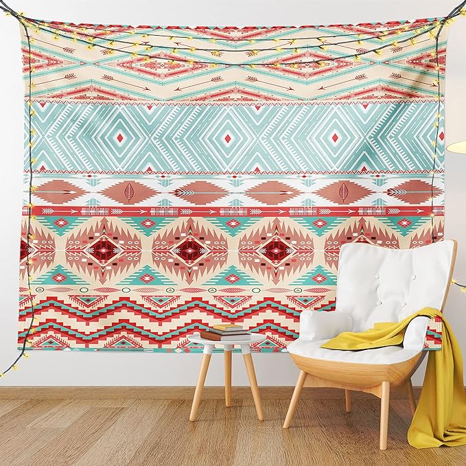 Lunarable Aztec Tapestry Queen Size, Culture Inspirations Ornamental Indigenous Chevron, Wall Hanging Bedspread Bed Cover Wall Decor, Queen Size, Turquoise Beige