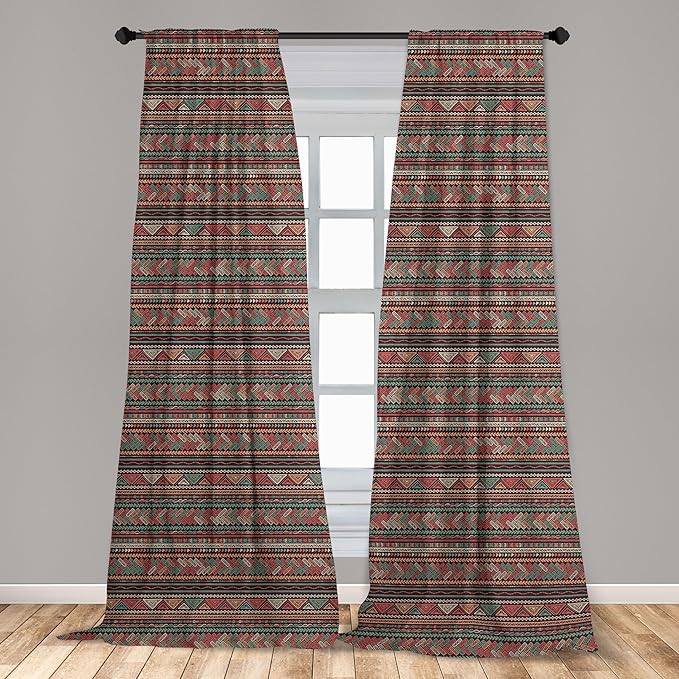 Ambesonne Boho Window Curtains, Hand Drawn Inspired Print of Triangles Colorful Latin American Folklore Motifs, Lightweight Decor 2-Panel Set with Rod Pocket, Pair of - 28" x 95", Maroon Coral