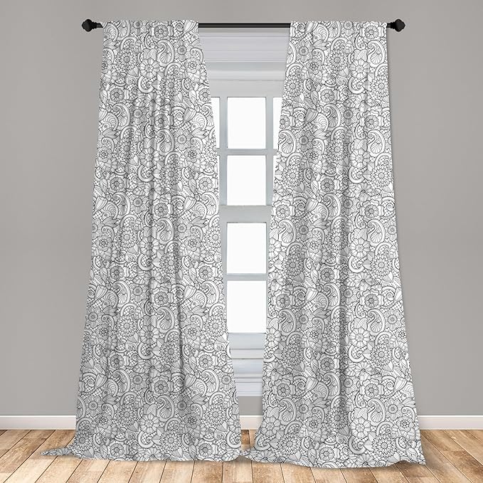 Ambesonne Black and White Window Curtains, Paisley Design with Sketch Style Flowers Leaves on Monochrome Background, Decor 2-Panel Set with Rod Pocket, Pair of - 28" x 63", White and Charcoal