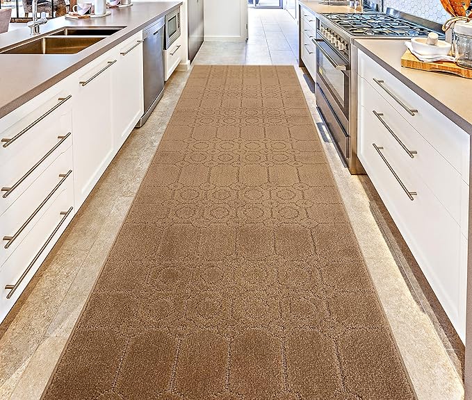 Custom Size Modern Abstract Floor Carpet Runner Rug for Hallways, Slip Resistant Latex Rubber Backed, 31 inch Wide X Customized Length, Art Gold Tan, 31 inch X 12 feet