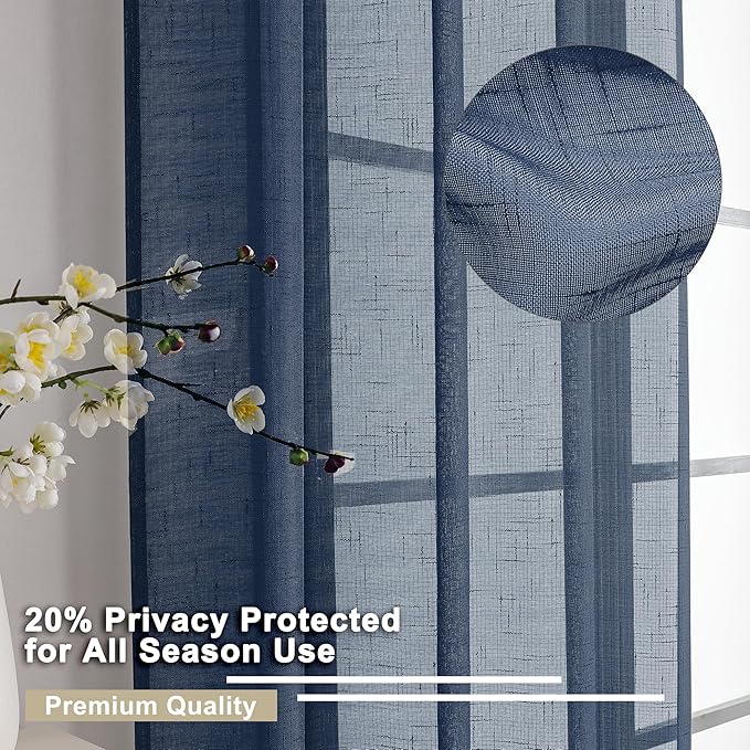 Aiyufeng Kirei Faux Linen Navy BlueSheer Curtains 84 Inches Length 2 Panels, Light Filtering Slub Textured Elegant Rod Pocket Curtain Drapes for Farmhouse Living Room Bedroom, Each 40Wx84L Inch, Blue