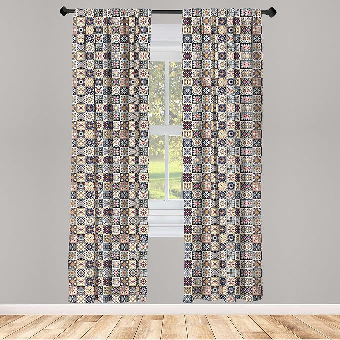 Ambesonne Moroccan Window Curtains, Portuguese Azulejo Checkered Squares Colorful Pattern Floral Arrangement, Lightweight Decor 2-Panel Set with Rod Pocket, Pair of - 28" x 63", Dark Blue Amber Red
