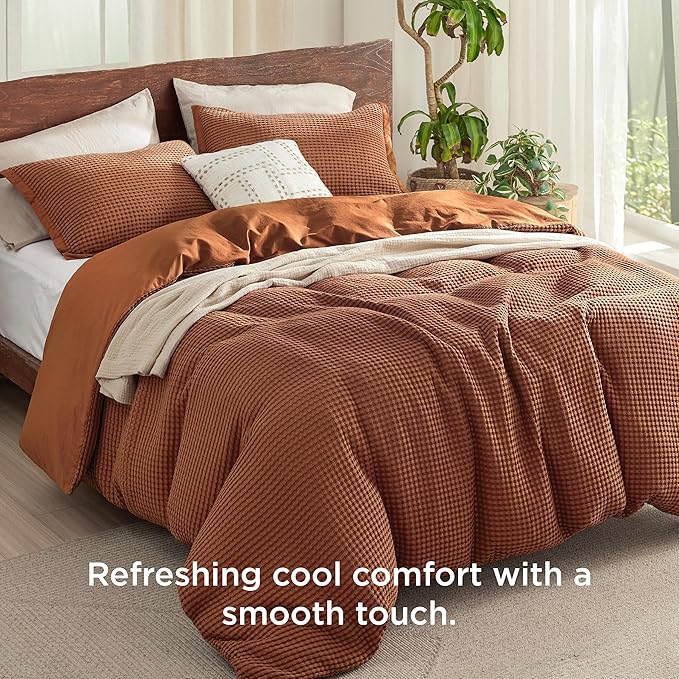 Bedsure Cooling Waffle Duvet Cover King - Cotton Blend Rayon Derived from Bamboo Duvet Cover Set for Hot Sleepers, Breathable Bedding Set with a Vintage Charm, 3 Pieces (Burnt Orange, King, 104"x90")