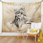Lunarable Viking Tapestry, Sketch Style Scandinavian Warrior with Beard and Hat Masculine Portrait Tattoo, Wide Wall Hanging for Bedroom Living Room Dorm, 80" X 60", Beige Tan