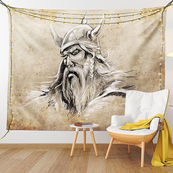 Lunarable Viking Tapestry, Sketch Style Scandinavian Warrior with Beard and Hat Masculine Portrait Tattoo, Wide Wall Hanging for Bedroom Living Room Dorm, 60" X 40", Beige Tan