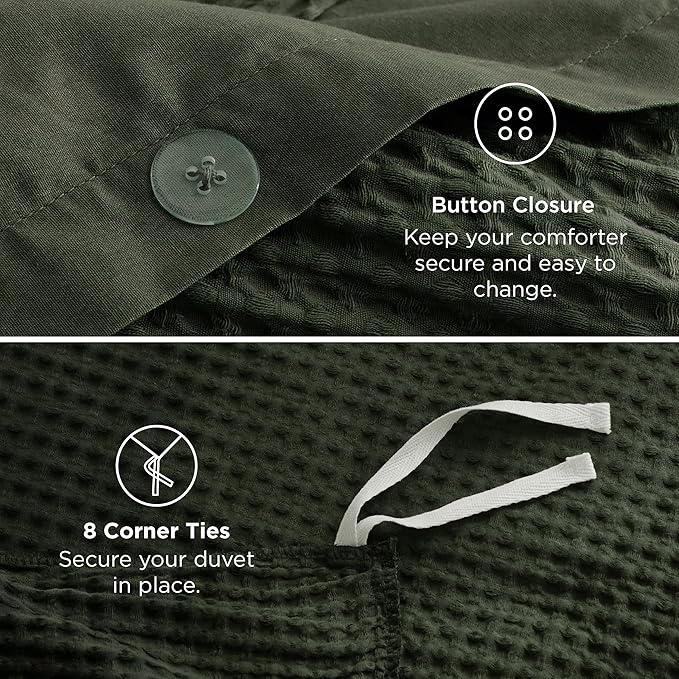 Bedsure 100% Cotton Duvet Cover Queen Size with Fitted Sheet - 4 Pieces Olive Green Waffle Weave Bedding Set, GentleSoft™ and Breathable, Includes 1 Duvet Cover 90x90, 1 Fitted Sheet, 2 Pillow Shams