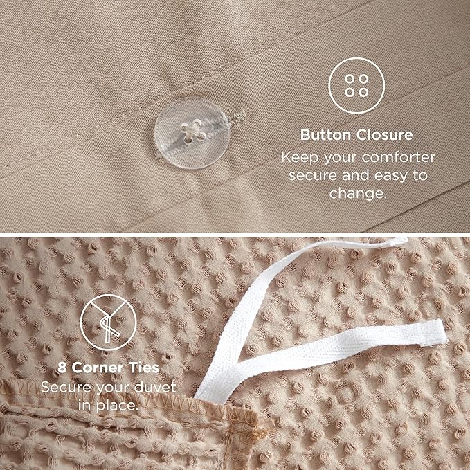 Bedsure 100% Cotton Duvet Cover Queen Size with Fitted Sheet - 4 Pieces Khaki Waffle Weave Bedding Set, GentleSoft™ and Breathable, Includes 1 Duvet Cover 90x90, 1 Fitted Sheet, 2 Pillow Shams